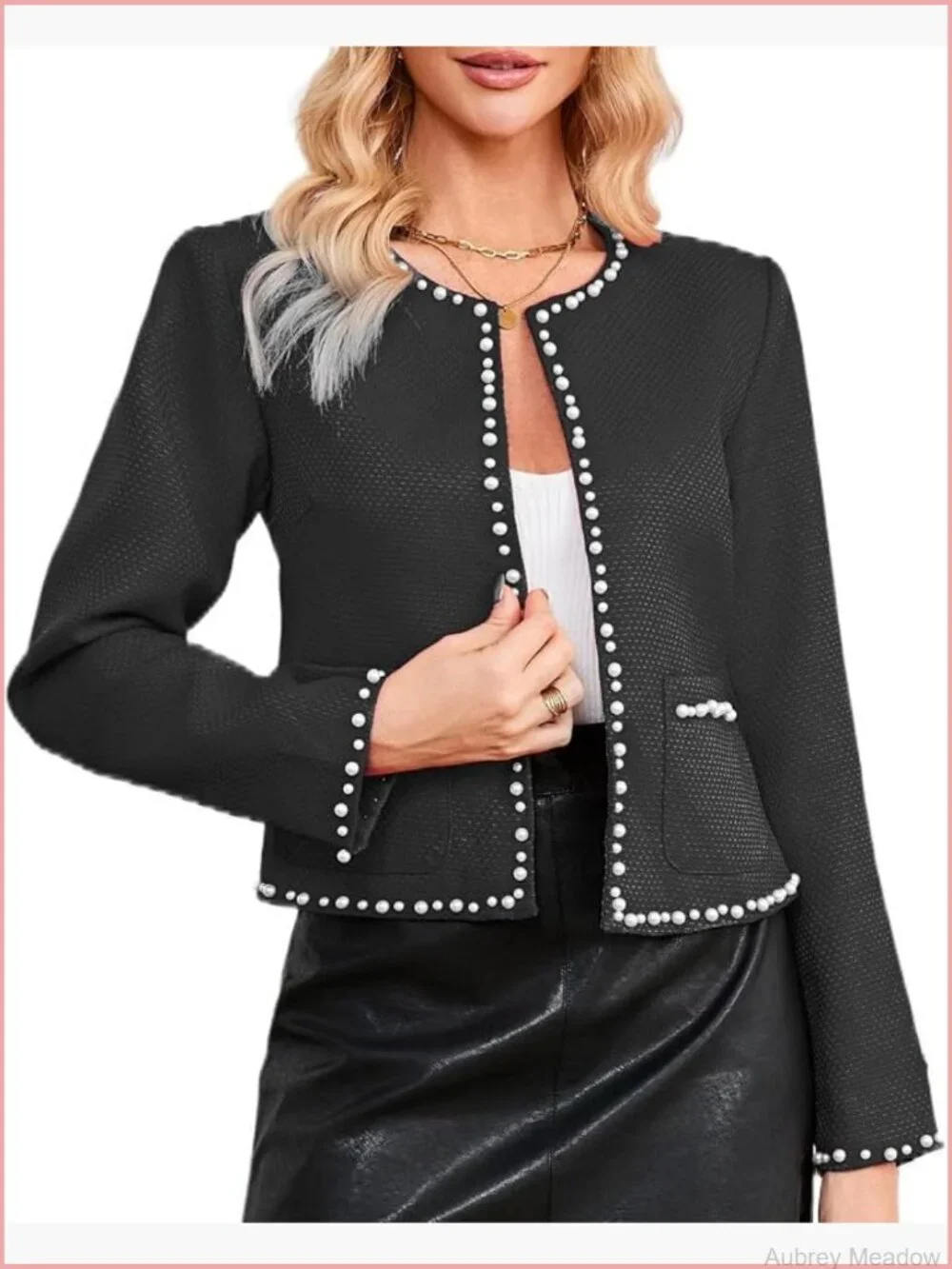 Cropped Tweed Blazer Jacket Long Sleeve Open Front Pearl Trim Fall Outfit